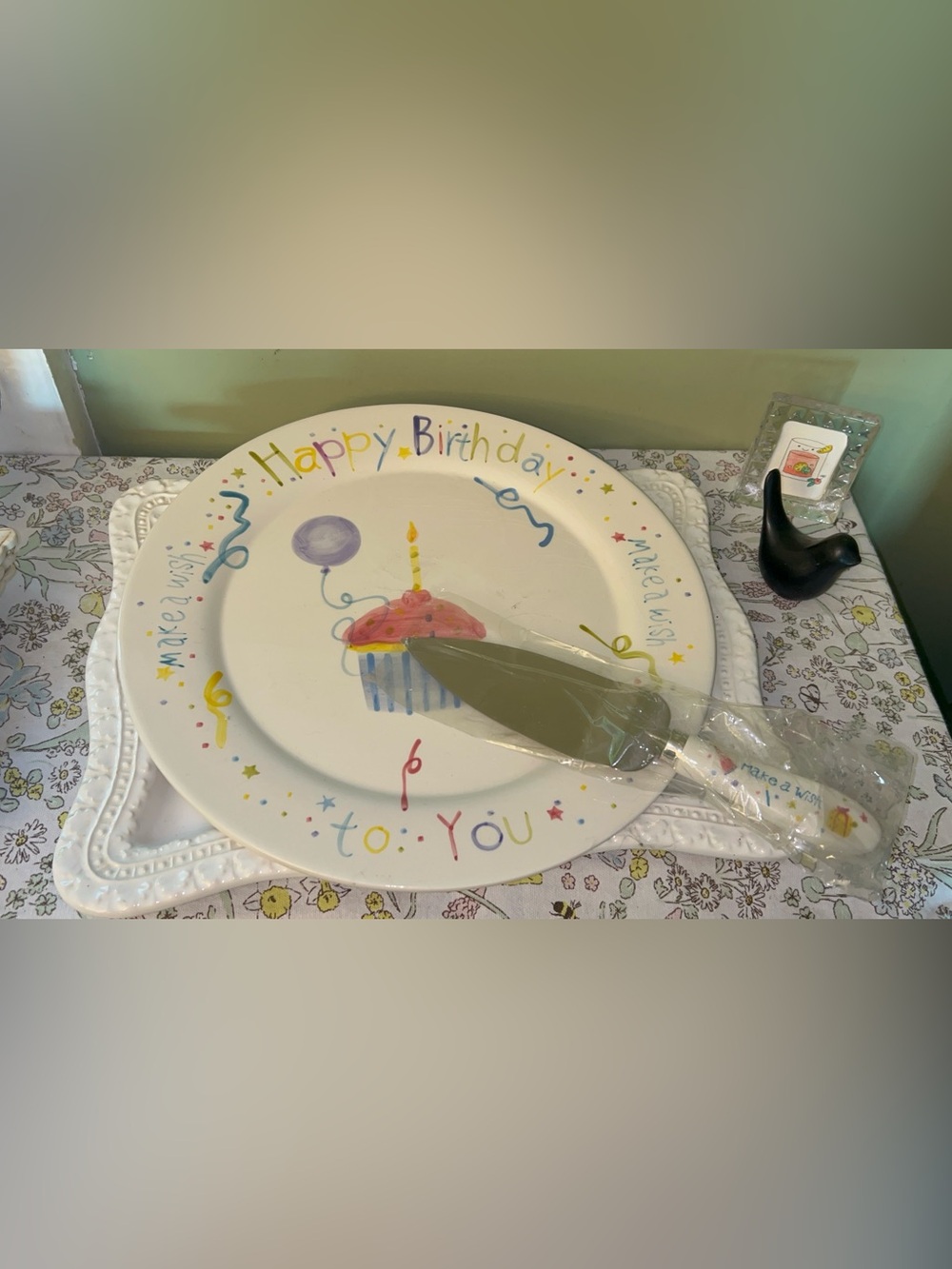 Happy Birthday Ceramic Cake Plate with Server NEW